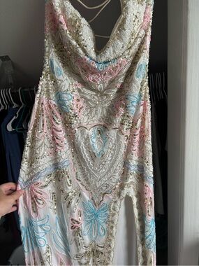 Primavera Couture Ivory Beaded Prom Dress with Pink and Blue Accents